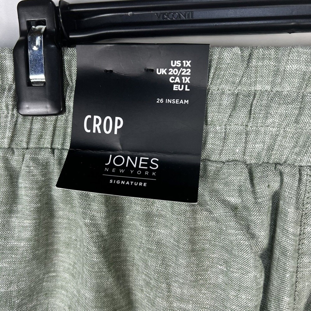 Jones New York Women 1X Crop Ankle Pants Linen Blend green White Cuffed elastic - Picture 8 of 9